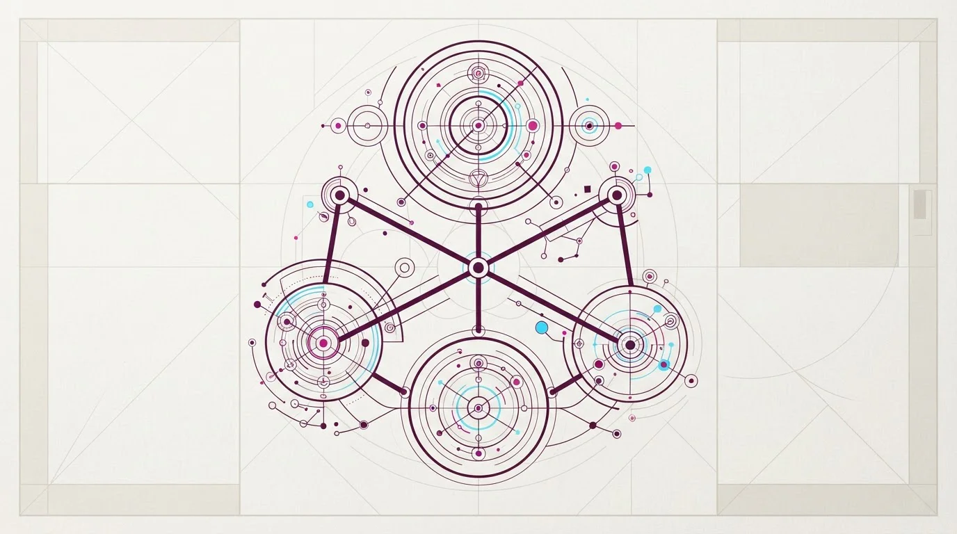 Netzwerkdiagramm aus drei verbundenen Kreisen auf strukturierter Fläche