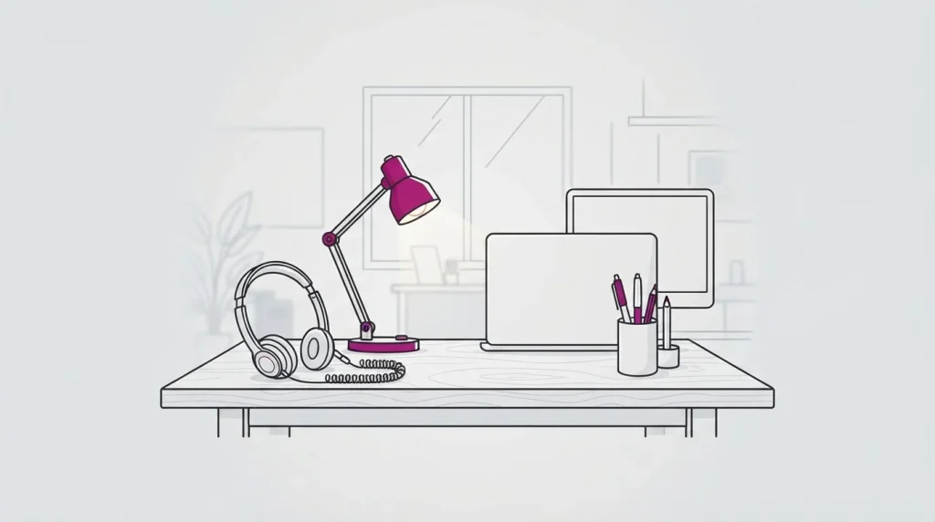 Headset an einem aufgeräumten Arbeitsplatz für digitalen Kundenservice