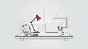 Headset an einem aufgeräumten Arbeitsplatz für digitalen Kundenservice