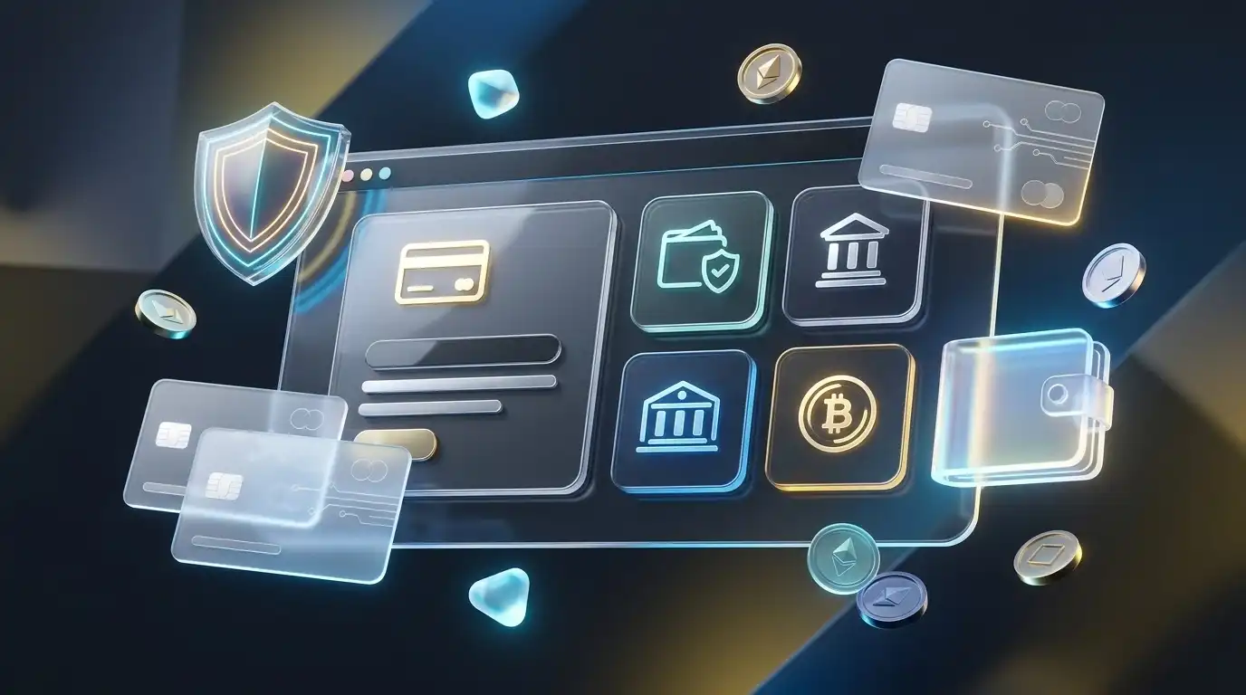 Kassenansicht mit Banktransfer, elektronischem Zahlungskonto und Kryptowährung